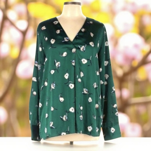 Banana Republic Emerald Green Floral Print Relaxed Flowy V Neck Tunic Sz XL - Picture 1 of 8